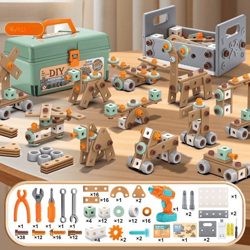 Kids tool set with a working toy drill and building parts - product photo 11