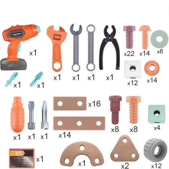 Kids tool set with a working toy drill and building parts - product photo 3