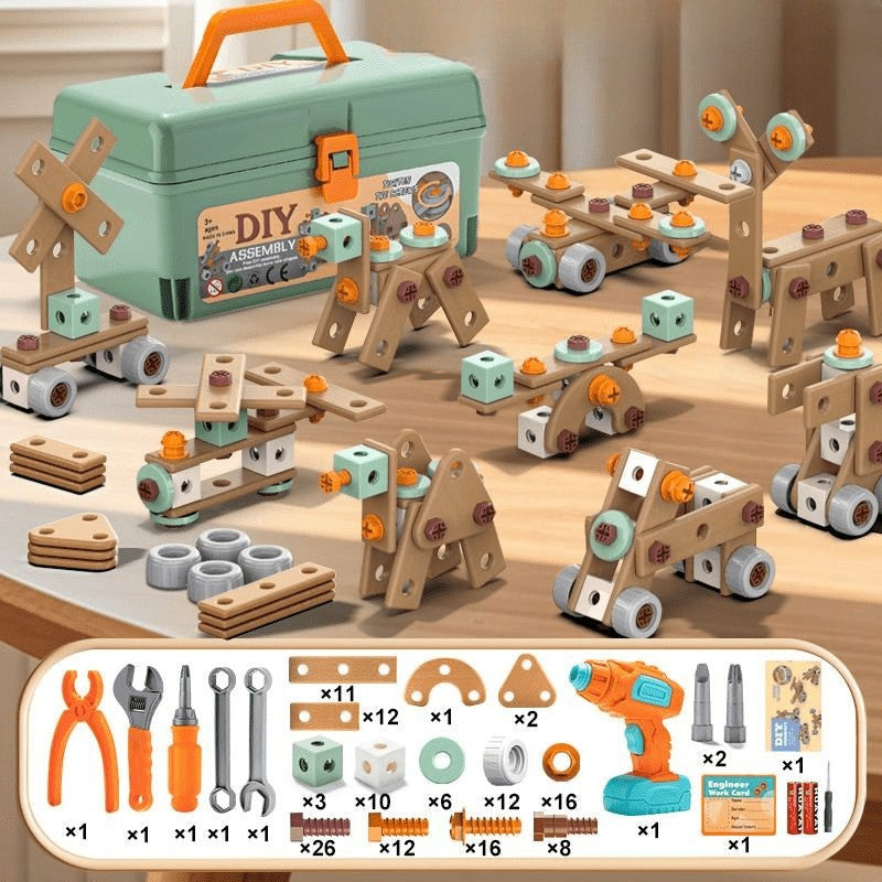 Kids tool set with a working toy drill and building parts - product photo 7