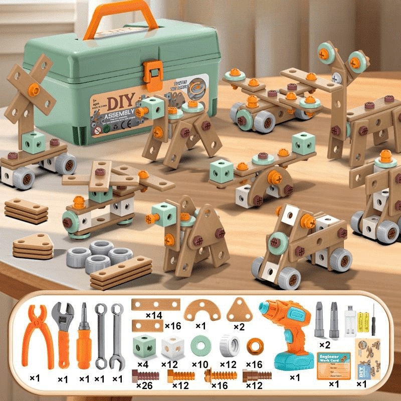 Kids tool set with a working toy drill and building parts - product photo 9