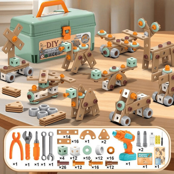 Kids tool set with a working toy drill and building parts - product photo 9