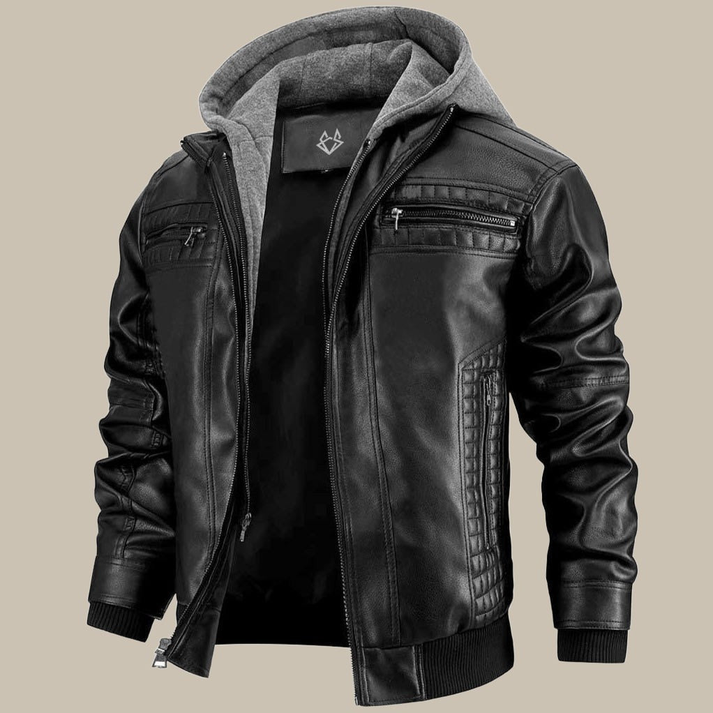 Men's hooded leather jacket - product photo 1