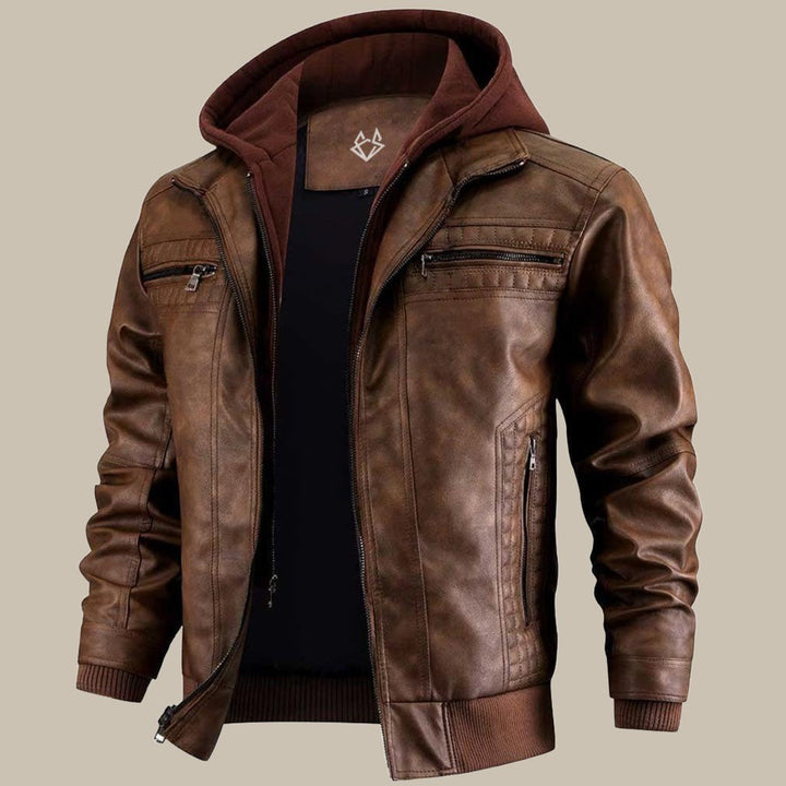 Men's hooded leather jacket - product photo 2