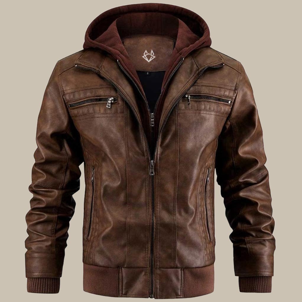 Men's hooded leather jacket - product photo 3