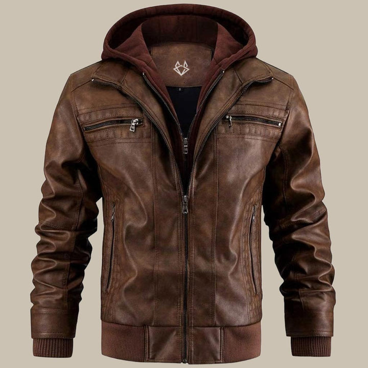 Men's hooded leather jacket - product photo 3