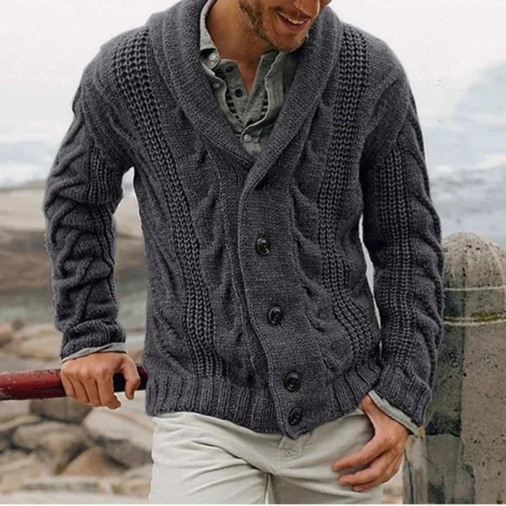 Men's shawl collar cable knit cardigan - product photo 3