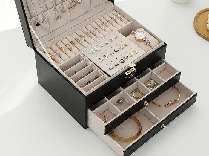 Multilayer vegan leather jewellery box with lined compartments - product photo 15