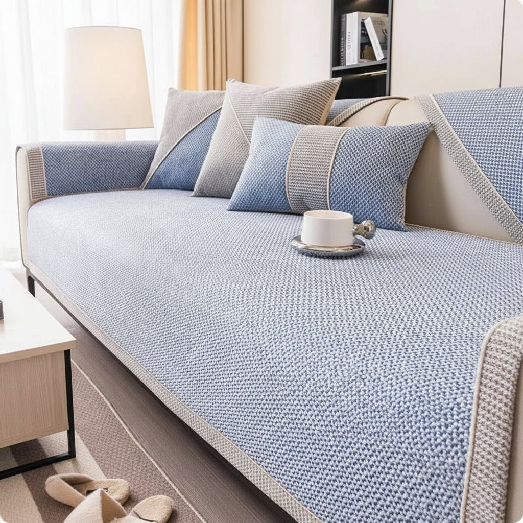 Quilted cotton-linen sofa cover with a non-slip backing on a couch - product photo 7
