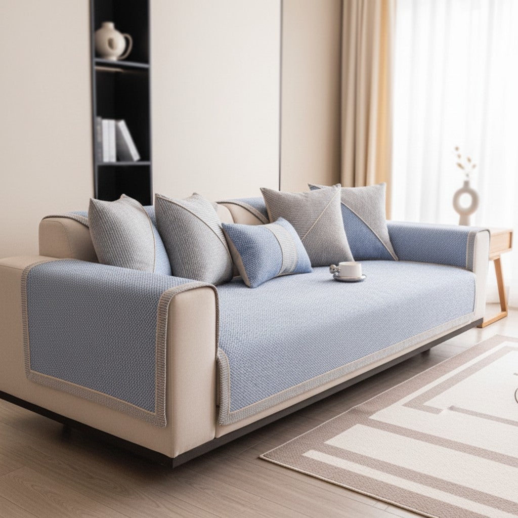 Quilted cotton-linen sofa cover with a non-slip backing on a couch - product photo 9