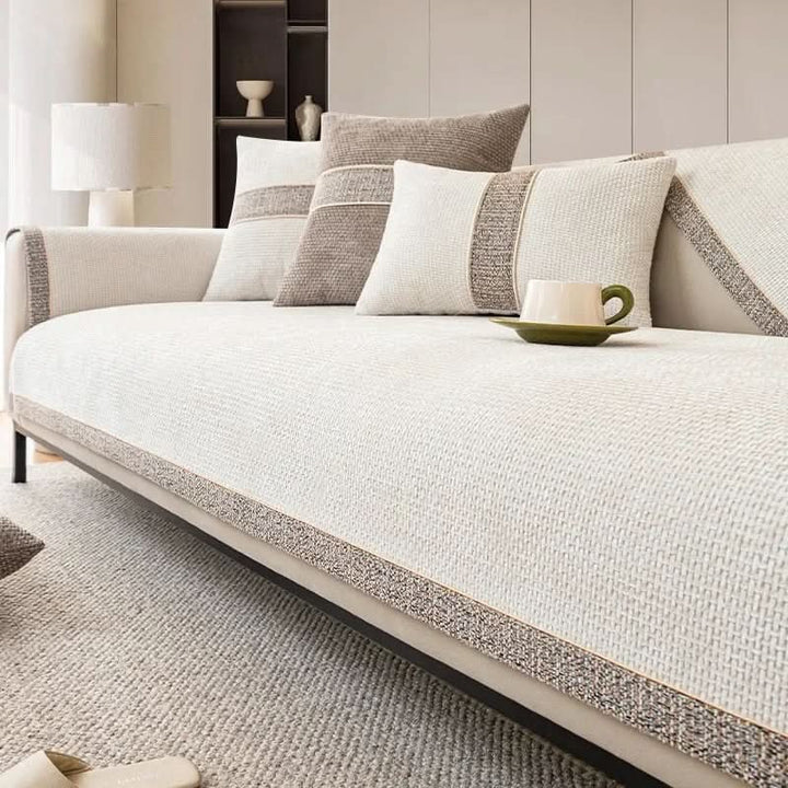 Non-slip linen-texture sofa cover fitted over a couch - product photo 1