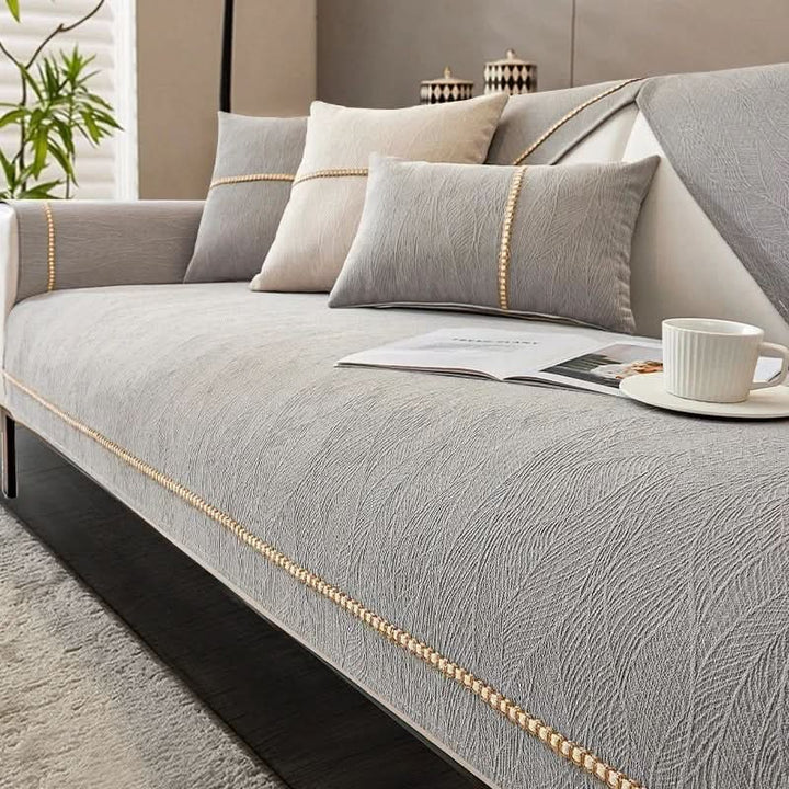Non-slip linen-texture sofa cover fitted over a couch - product photo 10