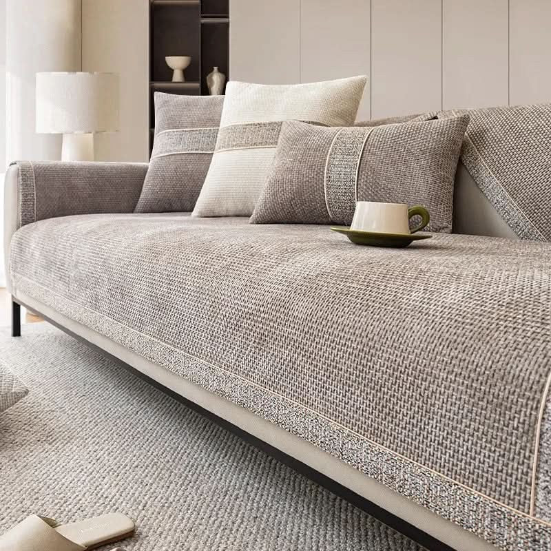 Non-slip linen-texture sofa cover fitted over a couch - product photo 2