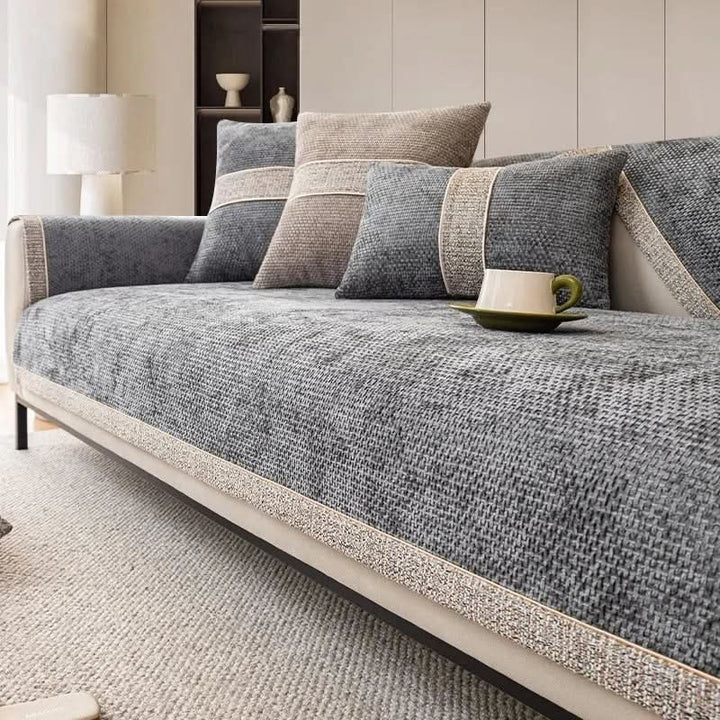 Non-slip linen-texture sofa cover fitted over a couch - product photo 3