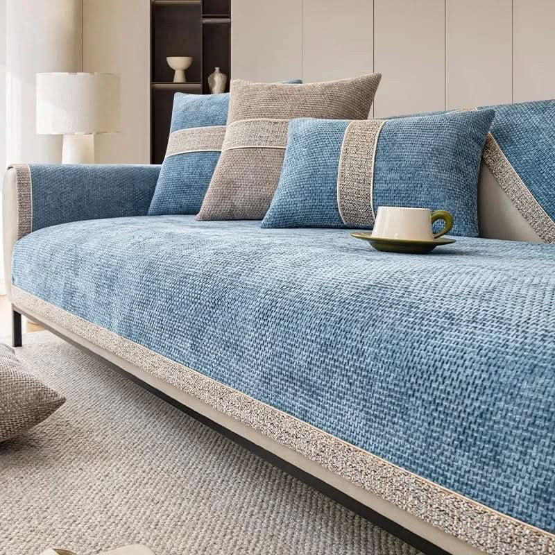 Non-slip linen-texture sofa cover fitted over a couch - product photo 4
