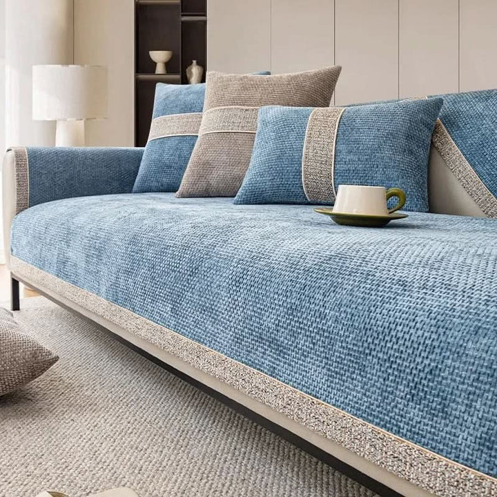 Non-slip linen-texture sofa cover fitted over a couch - product photo 4