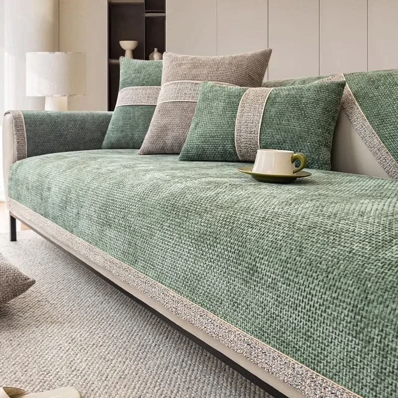 Non-slip linen-texture sofa cover fitted over a couch - product photo 5