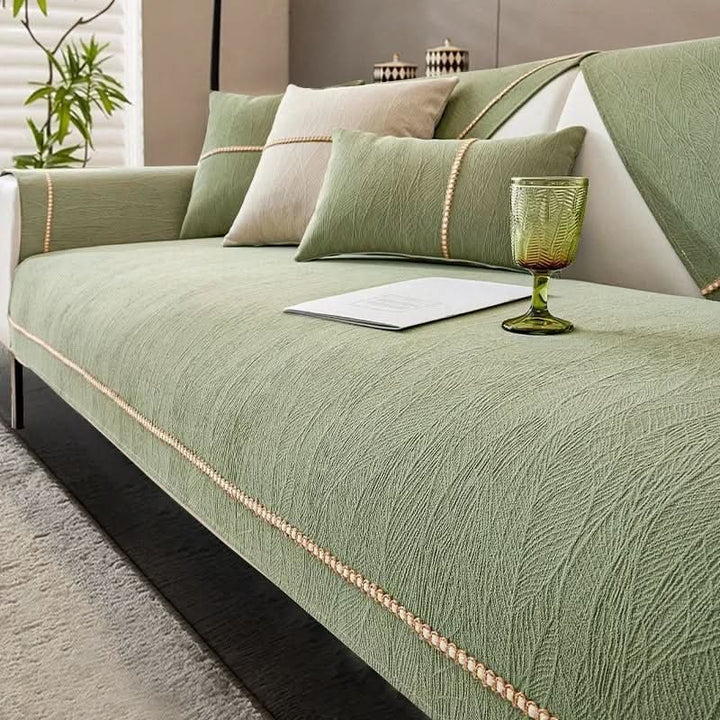 Non-slip linen-texture sofa cover fitted over a couch - product photo 6