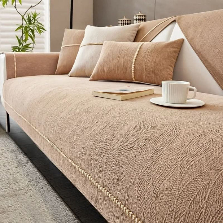 Non-slip linen-texture sofa cover fitted over a couch - product photo 7