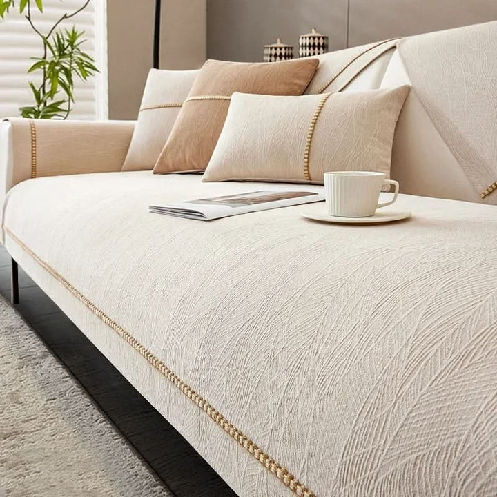 Non-slip linen-texture sofa cover fitted over a couch - product photo 8