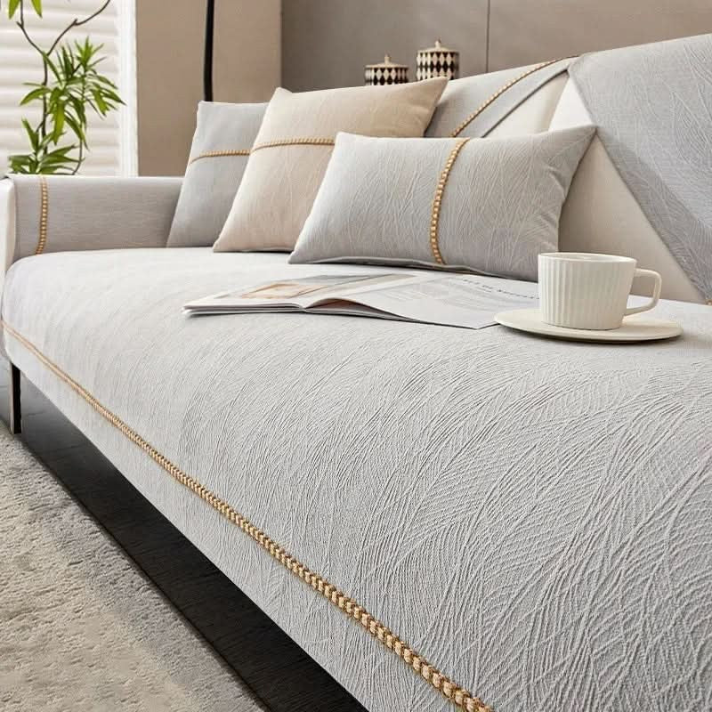 Non-slip linen-texture sofa cover fitted over a couch - product photo 9