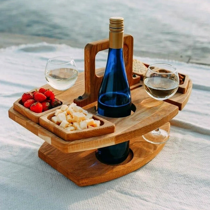 Oak picnic wine table holding a bottle and two glasses - product photo 1