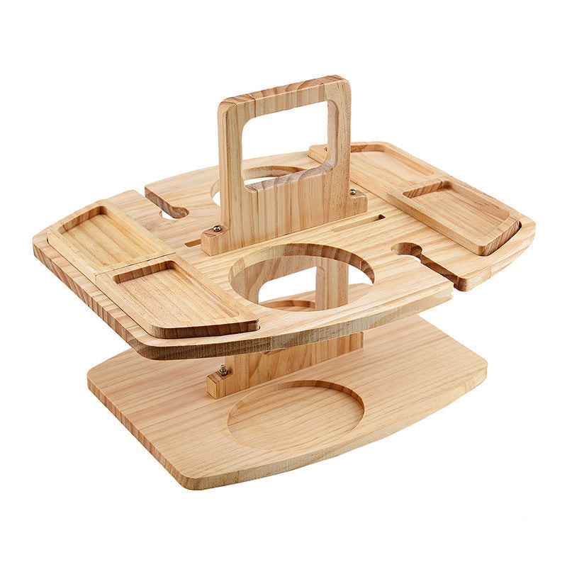 Oak picnic wine table holding a bottle and two glasses - product photo 2