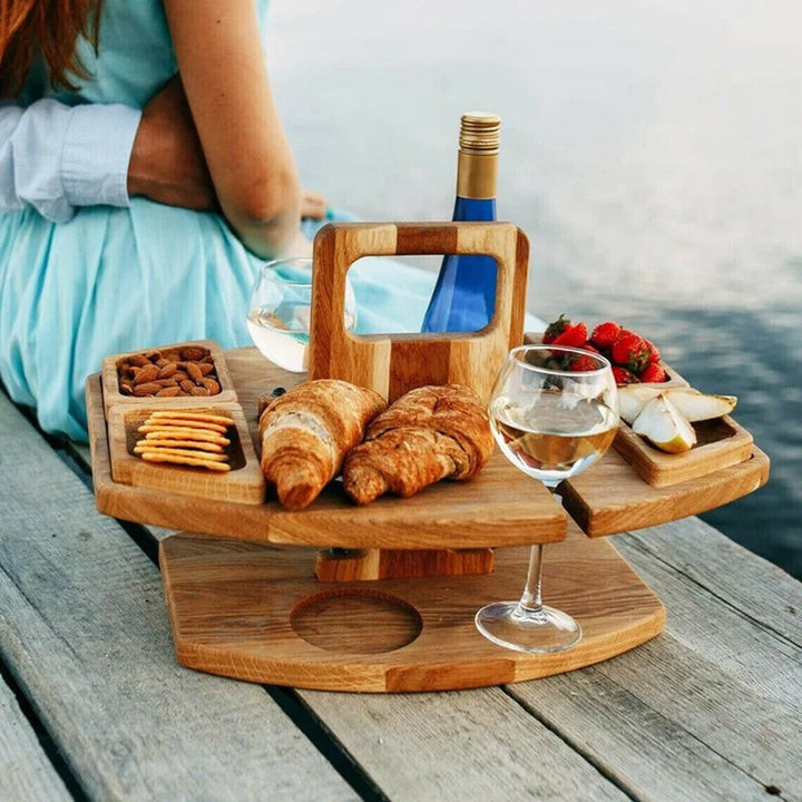 Oak picnic wine table holding a bottle and two glasses - product photo 3