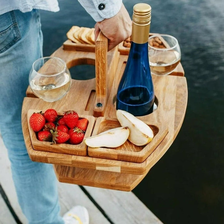 Oak picnic wine table holding a bottle and two glasses - product photo 4