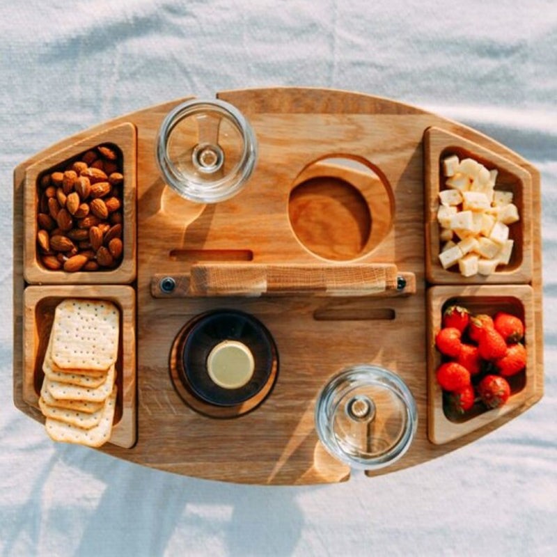 Oak picnic wine table holding a bottle and two glasses - product photo 5