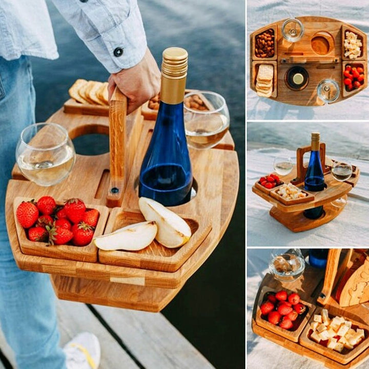 Oak picnic wine table holding a bottle and two glasses - product photo 6
