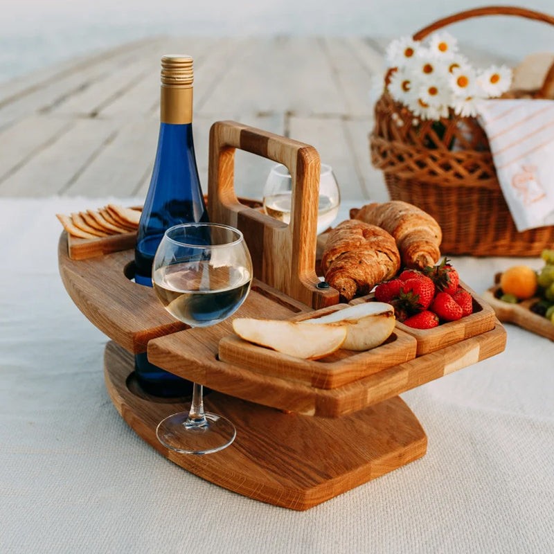 Oak picnic wine table holding a bottle and two glasses - product photo 7