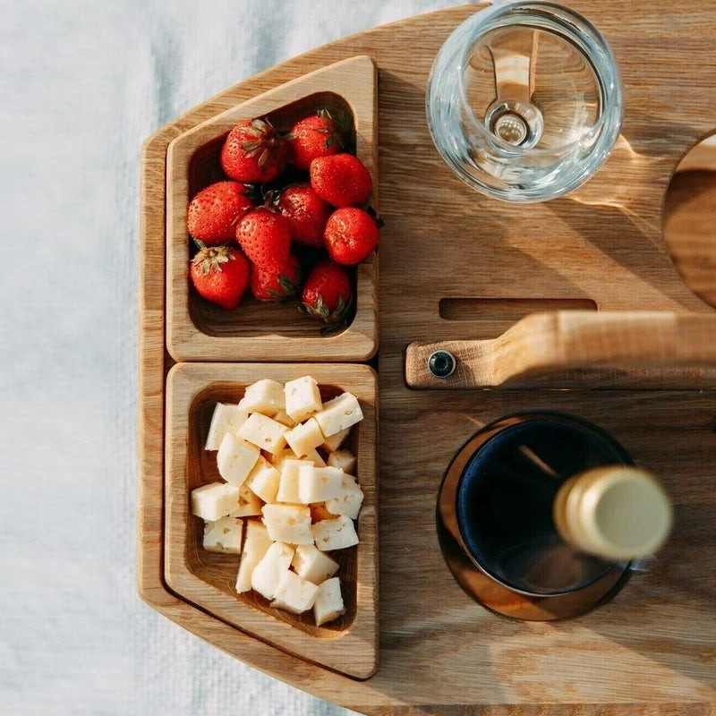 Oak picnic wine table holding a bottle and two glasses - product photo 8