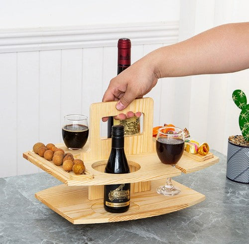 Oak picnic wine table holding a bottle and two glasses - product photo 9