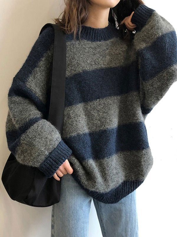 Oversized striped crew neck sweater with dropped shoulders - product photo 1