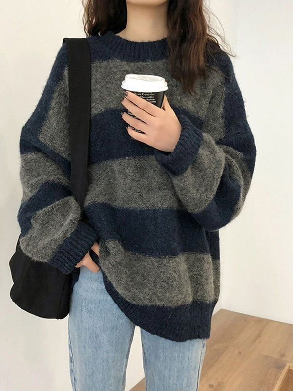 Oversized striped crew neck sweater with dropped shoulders - product photo 2