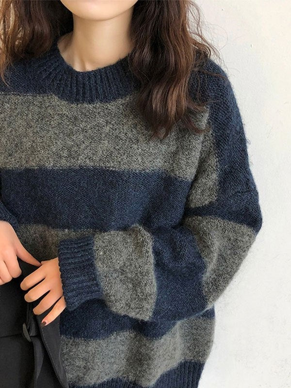 Oversized striped crew neck sweater with dropped shoulders - product photo 3