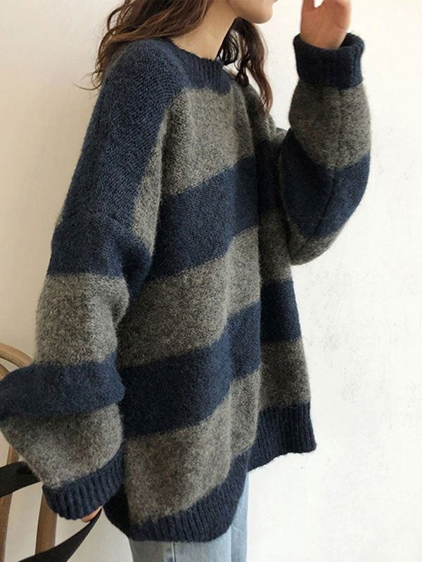 Oversized striped crew neck sweater with dropped shoulders - product photo 4