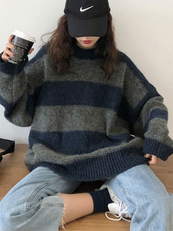 Oversized striped crew neck sweater with dropped shoulders - product photo 5