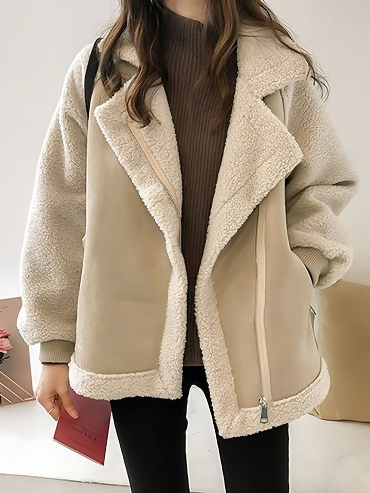Oversized vegan fur jacket with suede-look patchwork - product photo 2