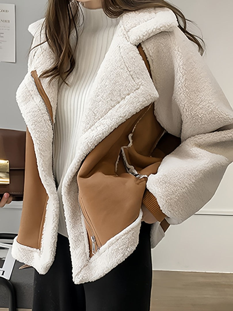 Oversized vegan fur jacket with suede-look patchwork - product photo 5