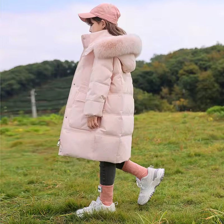 Padded hooded winter coat for girls with faux fur trim - product photo 2