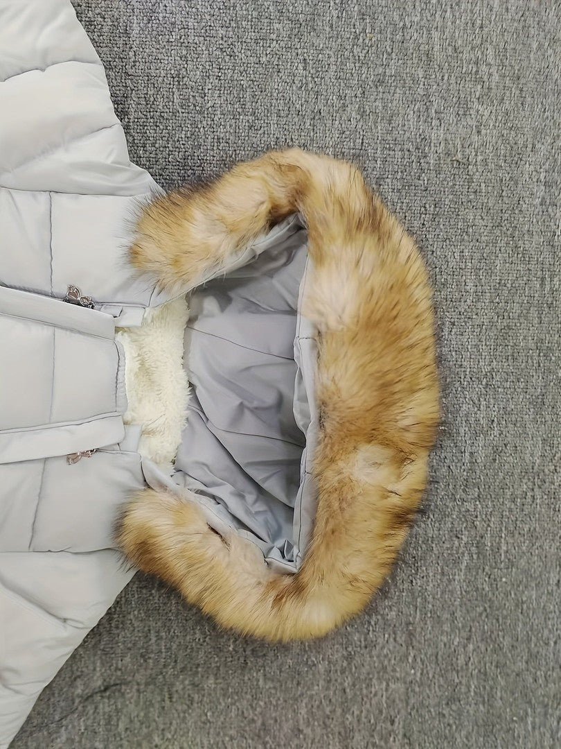 Padded winter baby jumpsuit with a faux fur hood - product photo 10