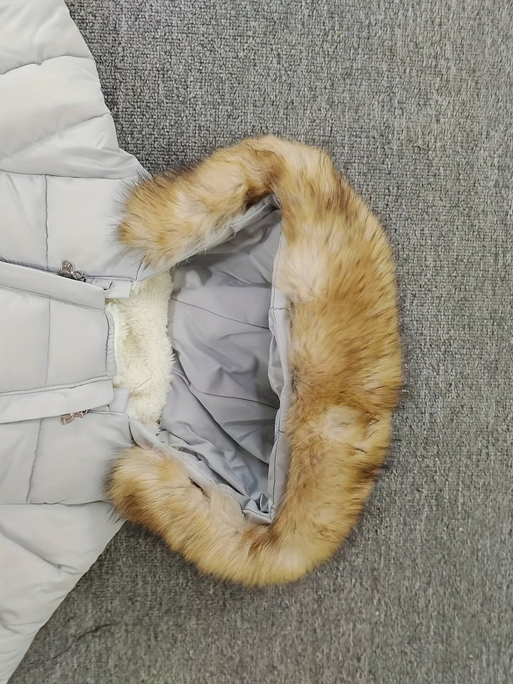 Padded winter baby jumpsuit with a faux fur hood - product photo 10