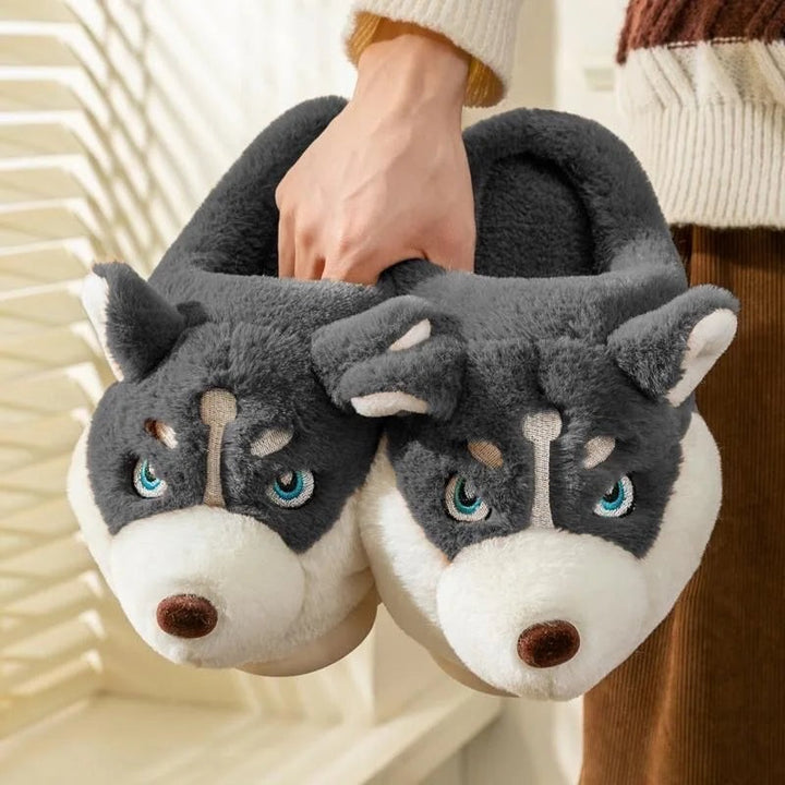 Plush husky slippers with a dog face - product photo 1