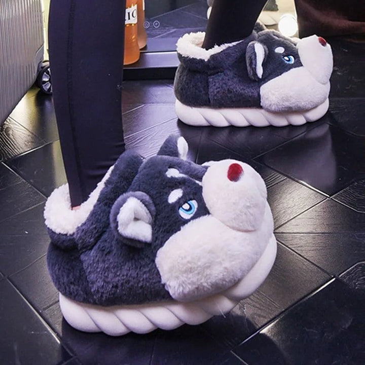 Plush husky slippers with a dog face - product photo 2