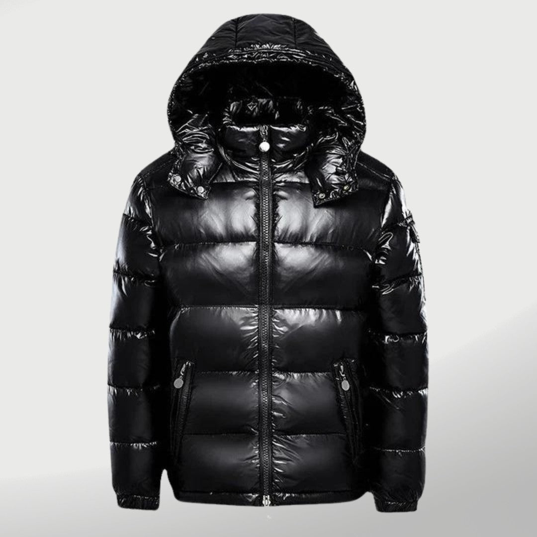 Quilted winter jacket with a hood and glossy finish - product photo 1