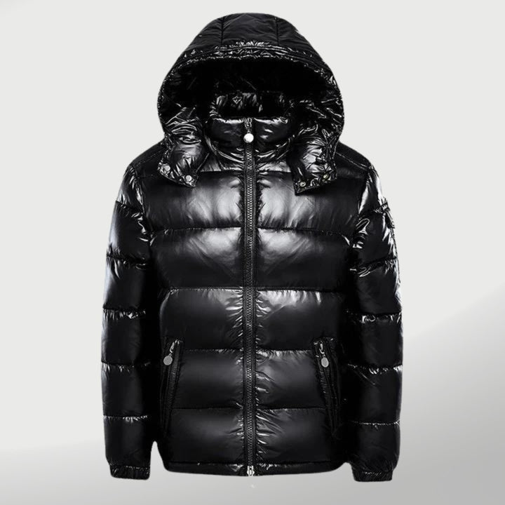 Quilted winter jacket with a hood and glossy finish - product photo 1