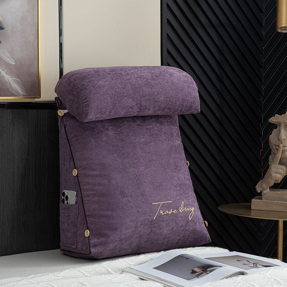Reading cushion with arms and a side pocket on a bed - product photo 6