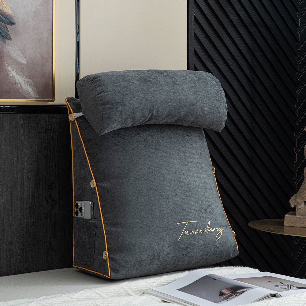 Reading cushion with arms and a side pocket on a bed - product photo 7