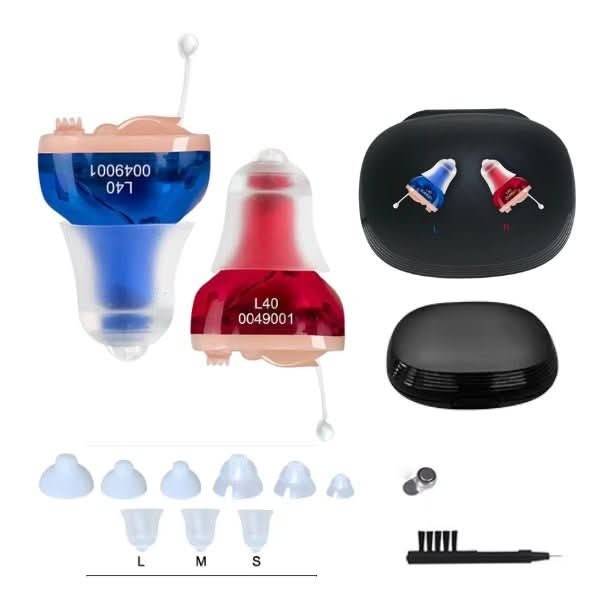 Discreet rechargeable in-ear sound amplifier with its charging case - product photo 3